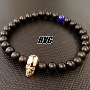Black Onyx Bead Bracelet Zircon Skull 6mm NWOT
